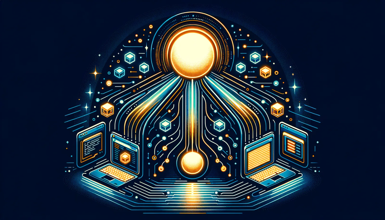 Glowing amber sphere connected by luminous blue circuit pathways to three laptop terminals on dark navy background.