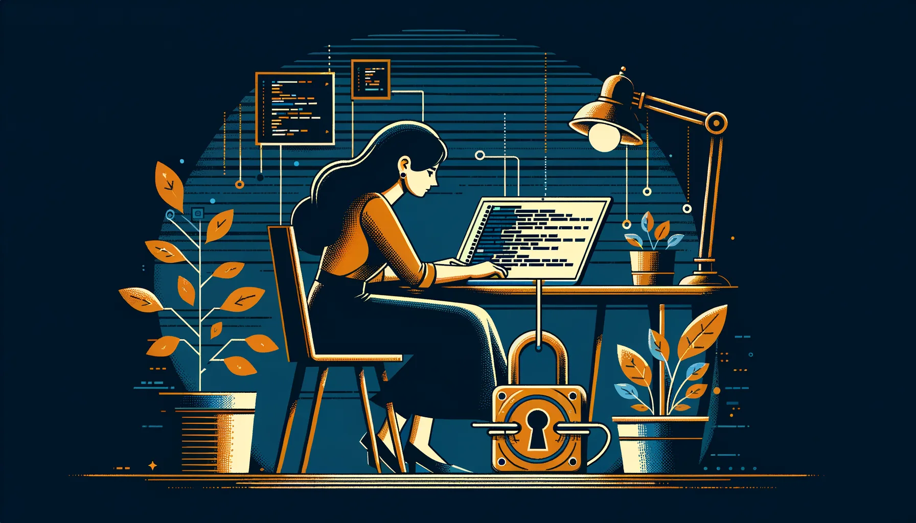 A woman coding on a laptop at a desk with a security padlock nearby