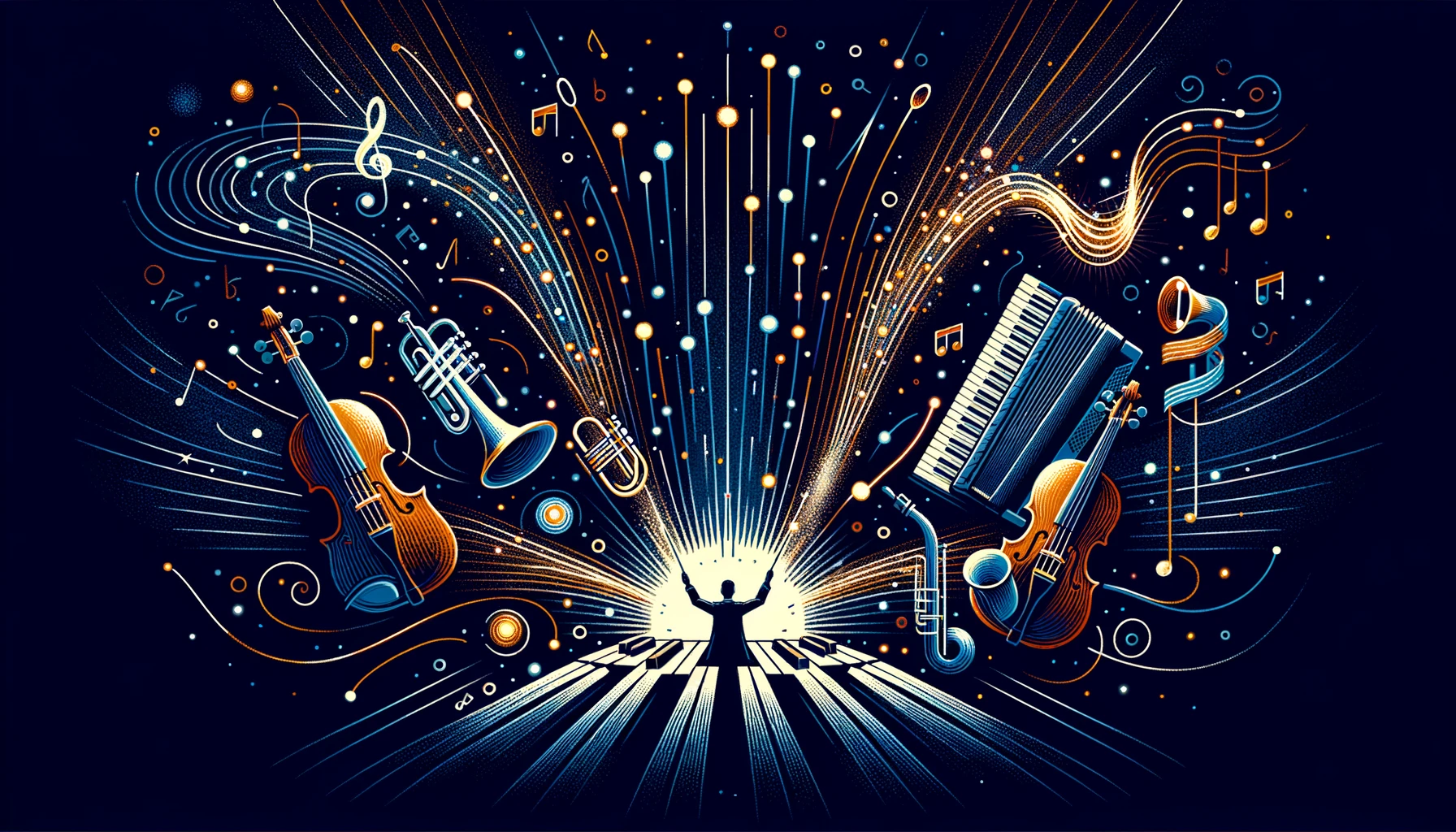 A conductor silhouetted against light surrounded by floating musical instruments and notes