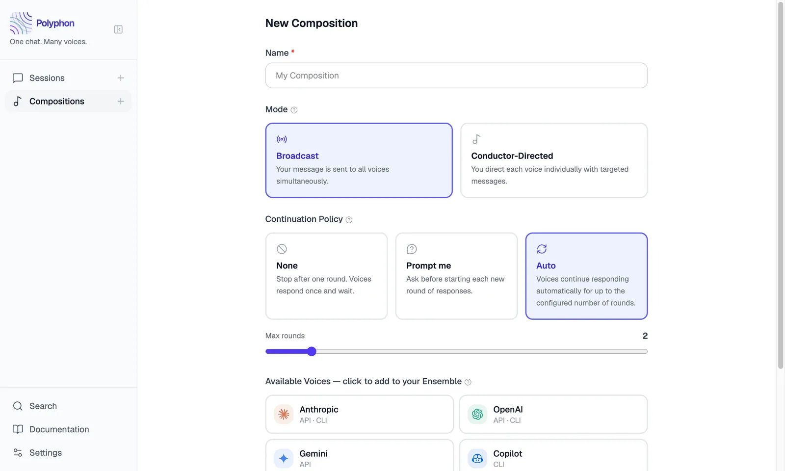 Composition Builder showing Broadcast mode with continuation policy set to Auto and Max rounds slider visible