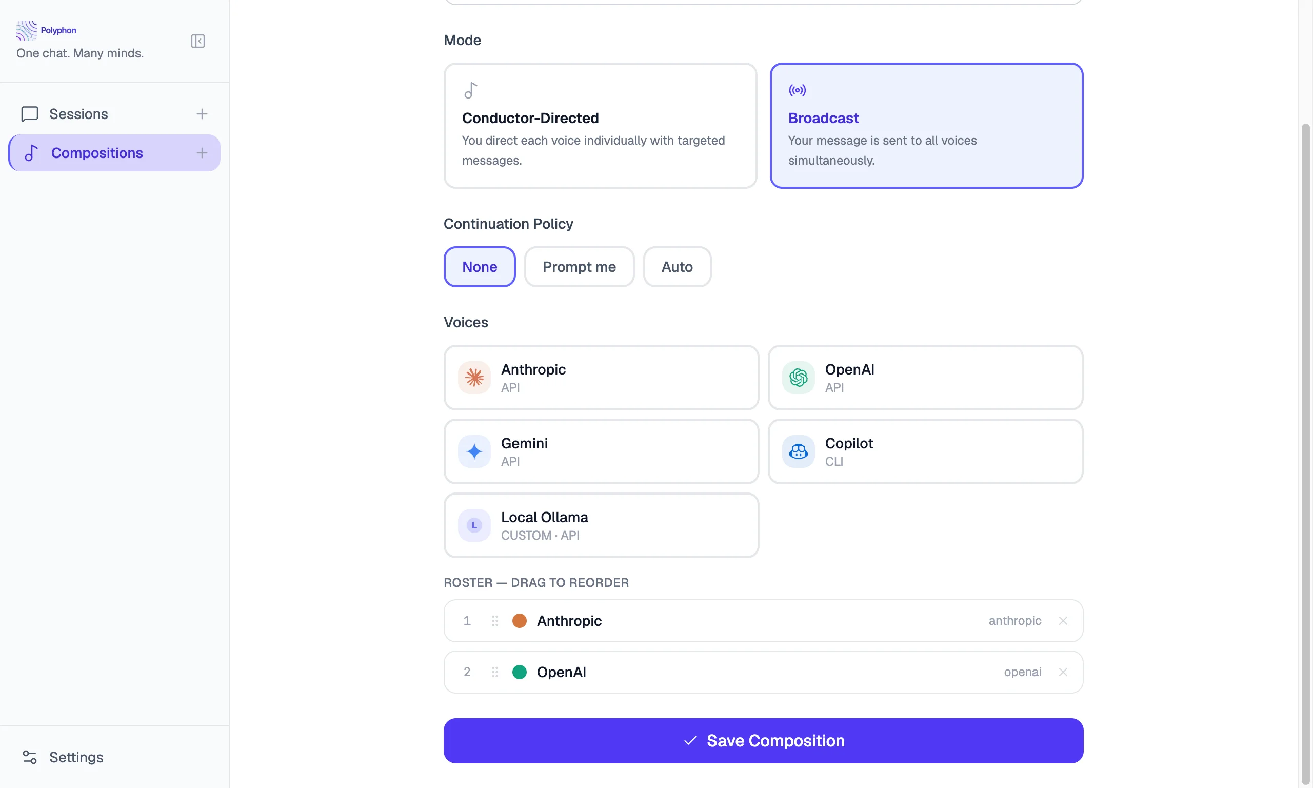 Composition Builder provider grid with built-in and Local Ollama custom provider