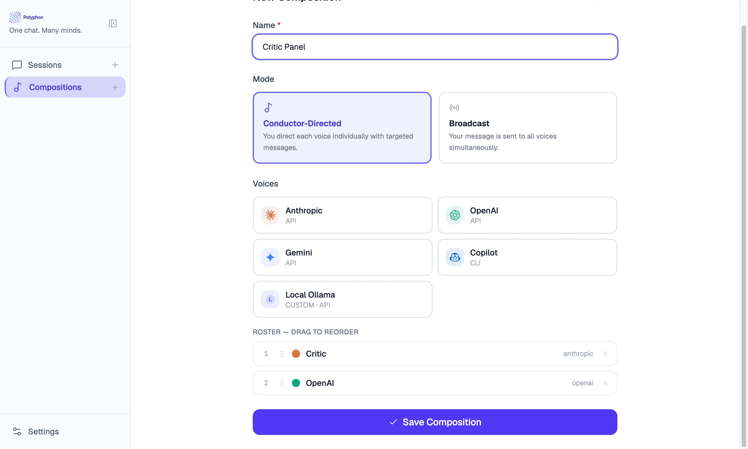 Composition builder voice list with drag handles on each voice row