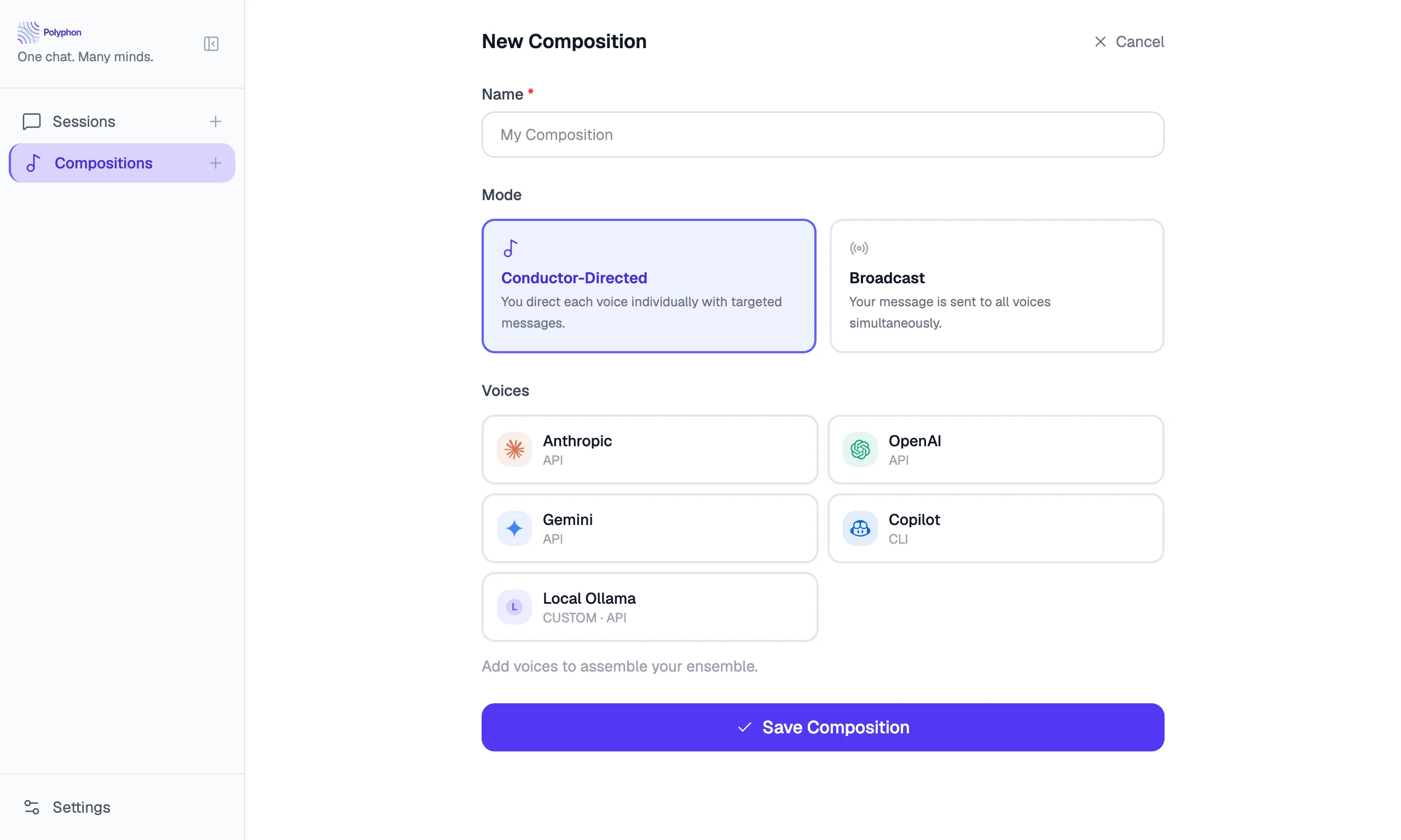 Composition builder empty state with name field and Add Voice button