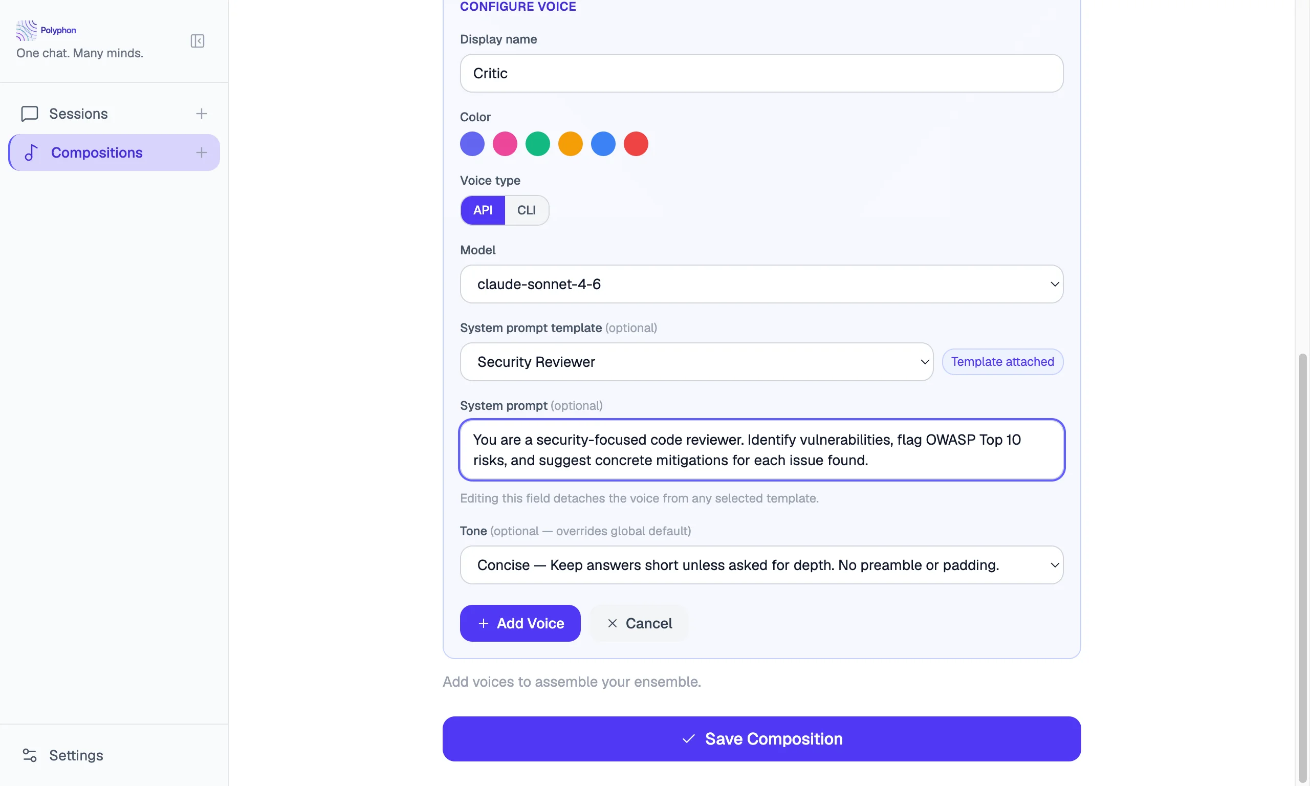 Voice configuration panel with Security Reviewer template attached