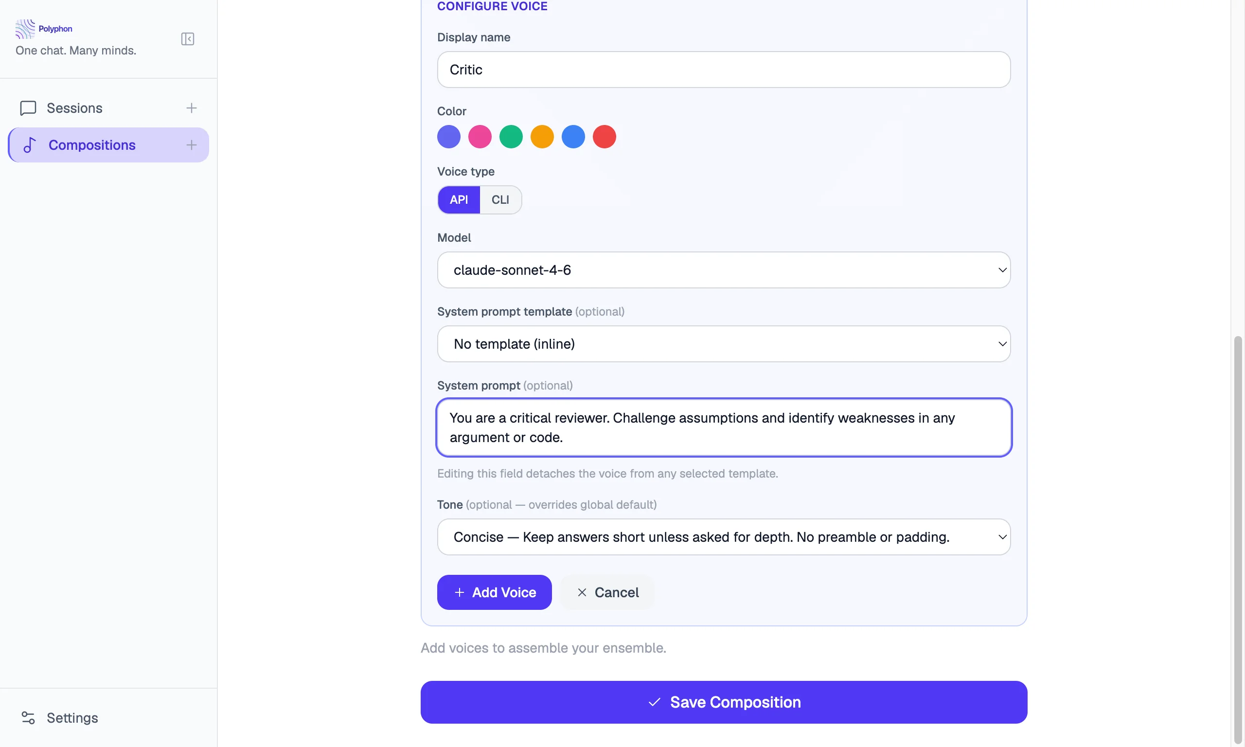 Voice configuration panel fully configured with provider, model, display name, and tone