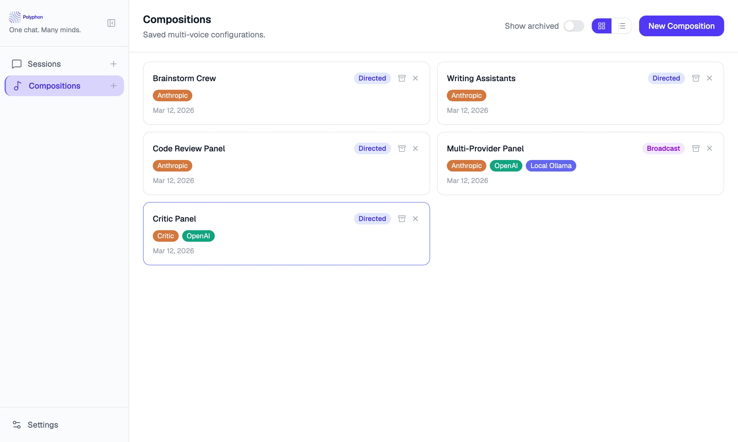 Composition card showing archive and delete action buttons