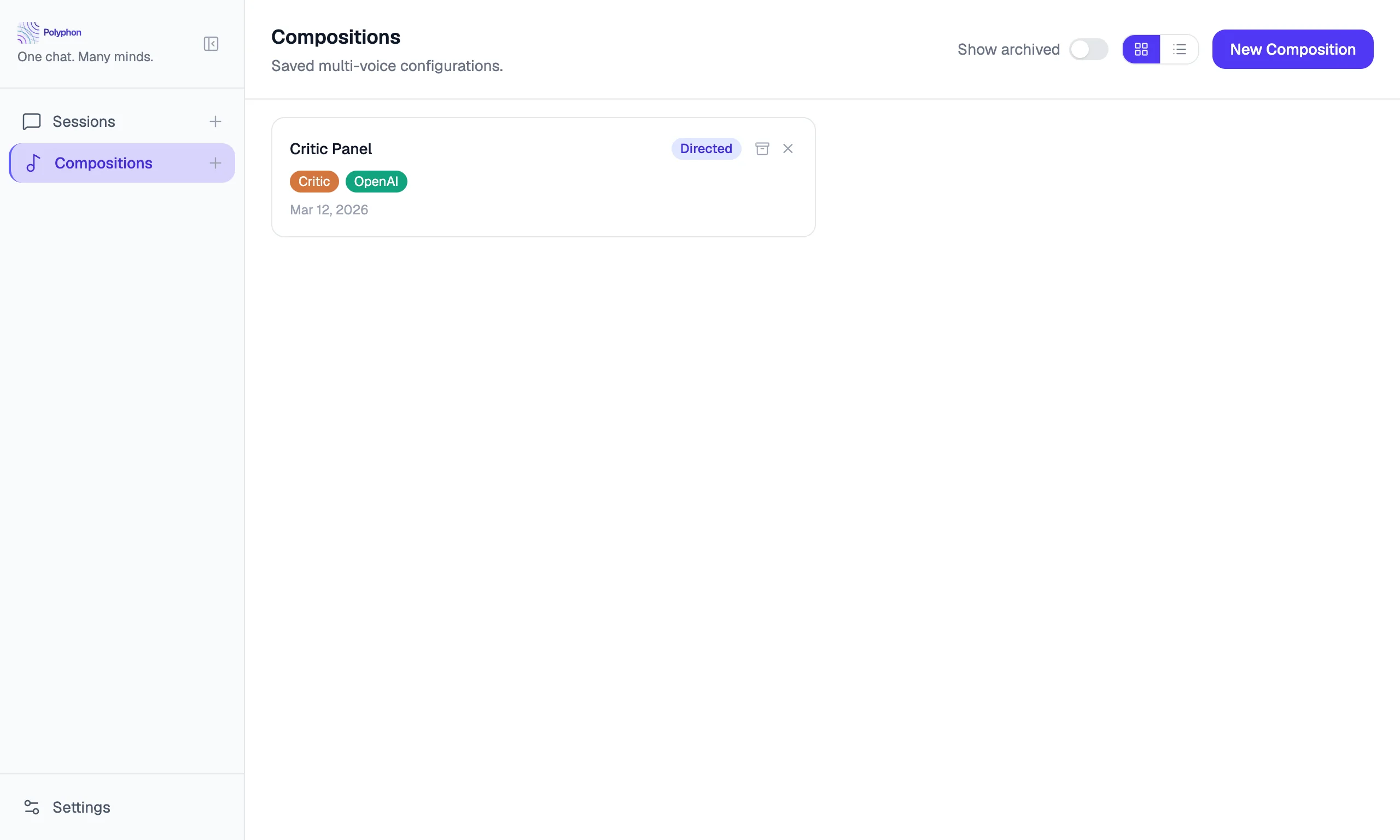 Saved composition detail view showing the Start Session button