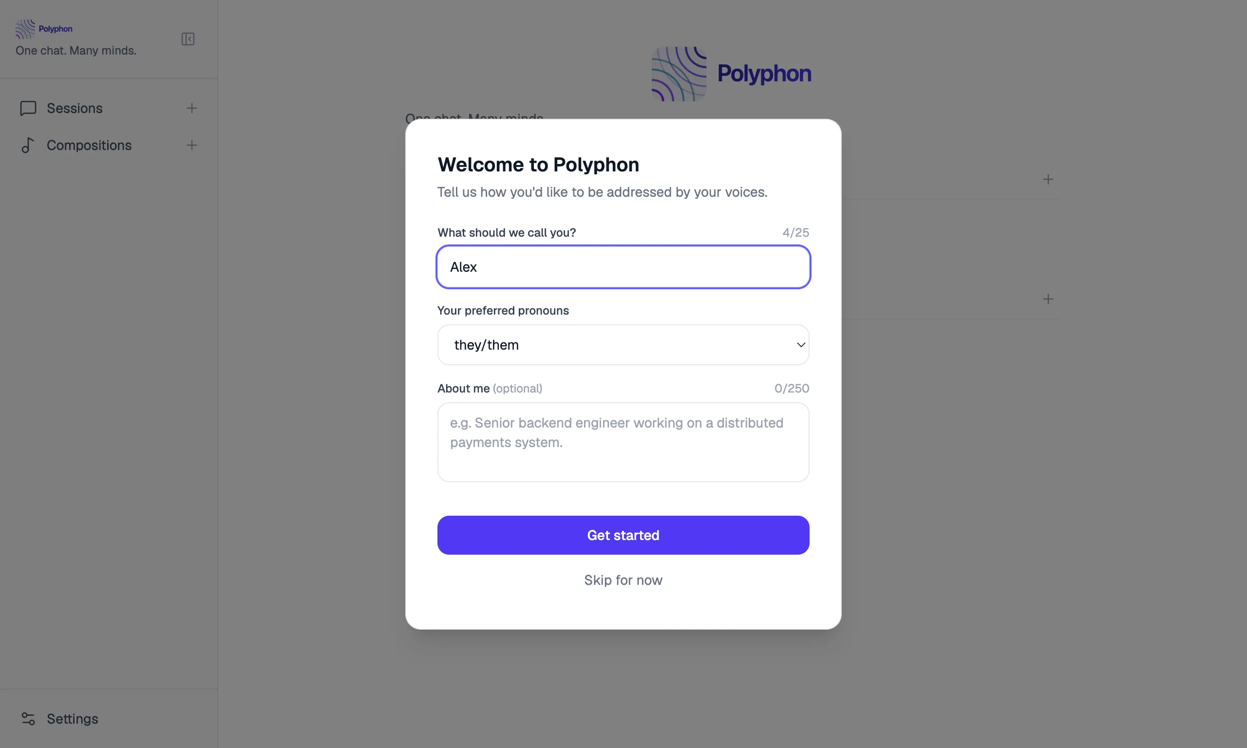 Polyphon welcome dialog on first launch asking for name and pronouns