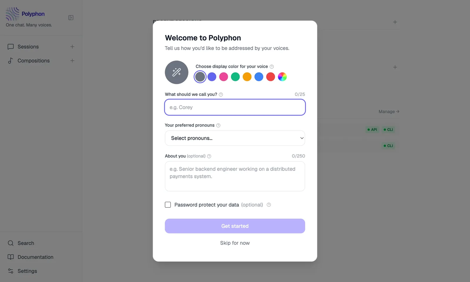 Polyphon welcome dialog on first launch showing avatar button, name field, pronouns dropdown, and About me textarea