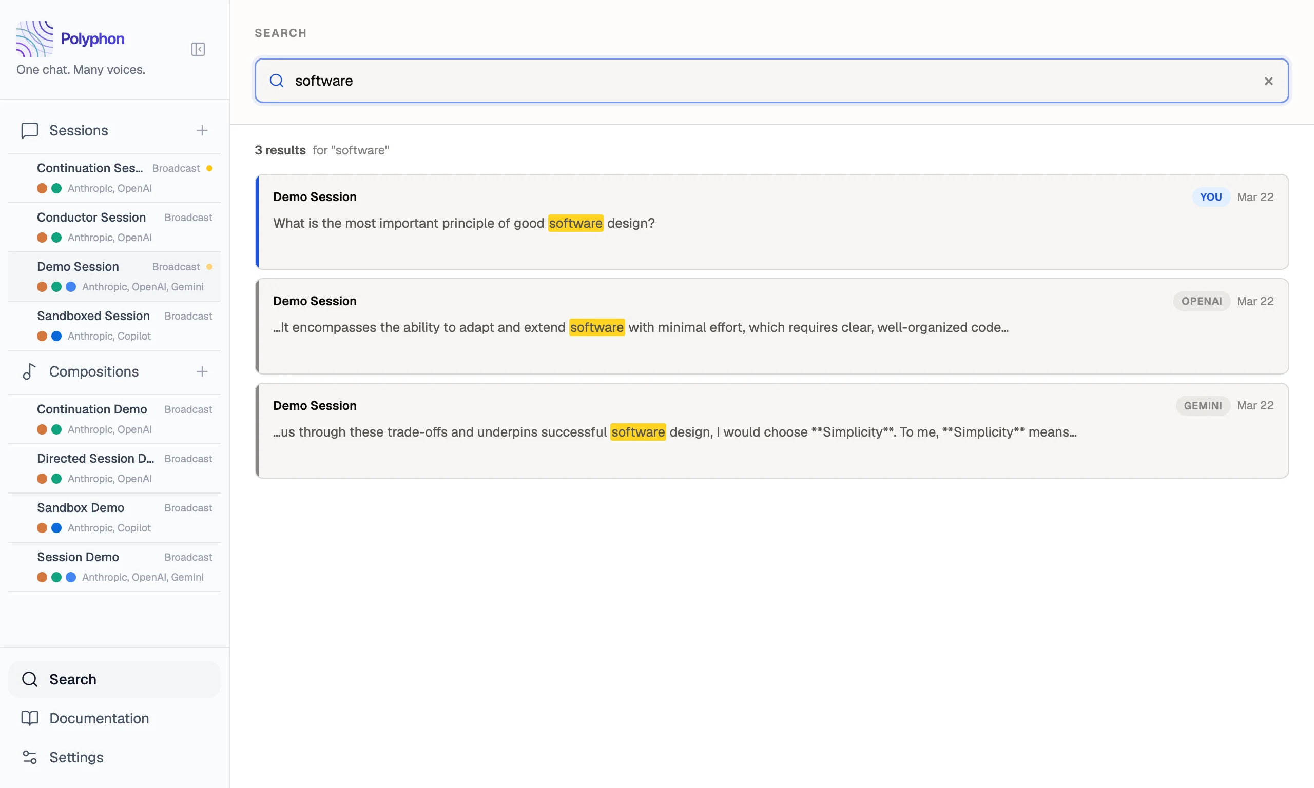 Global search results showing matched messages with session name, role badge, highlighted snippet, and date