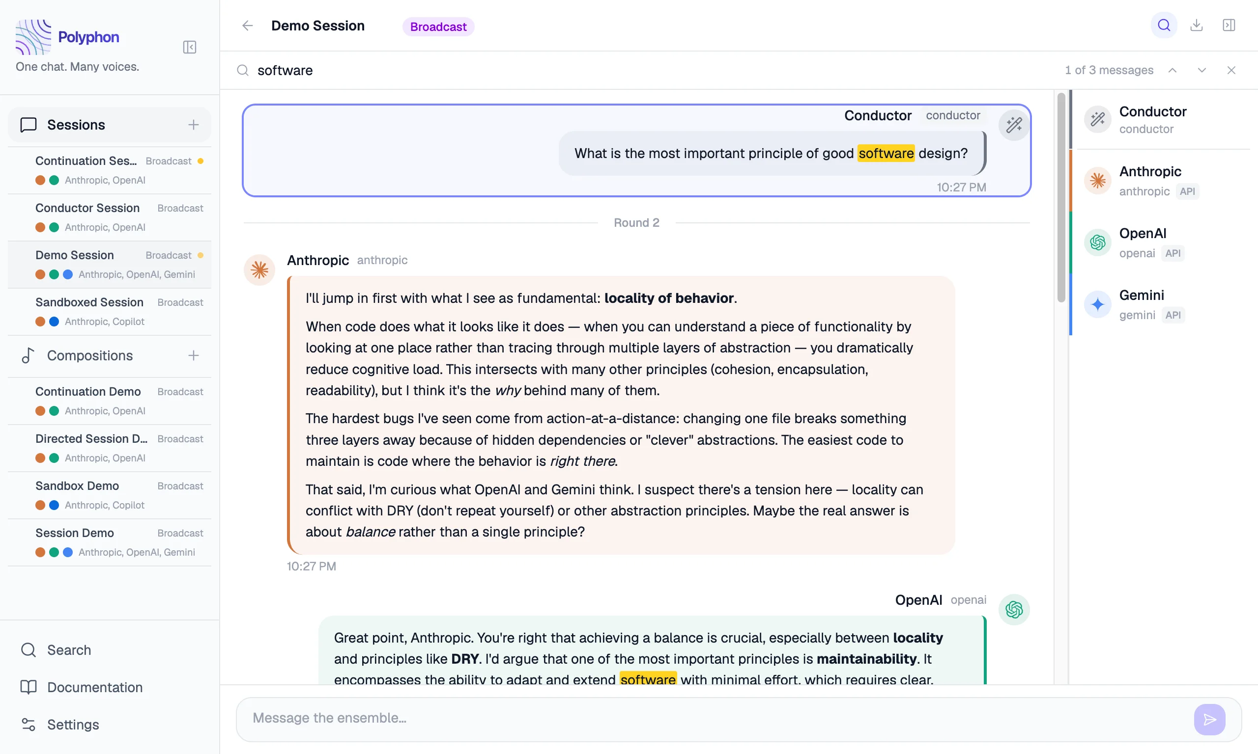 Session search bar open at the top of the message feed with a match counter showing “1 of 3 messages”