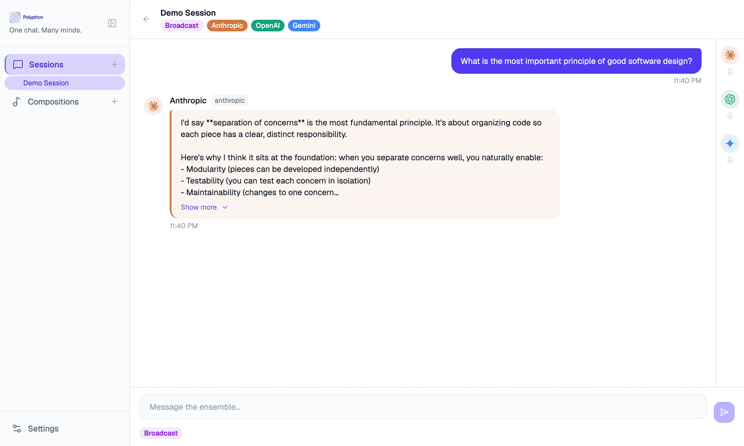 Active session with voice message bubbles labeled with voice names and colors