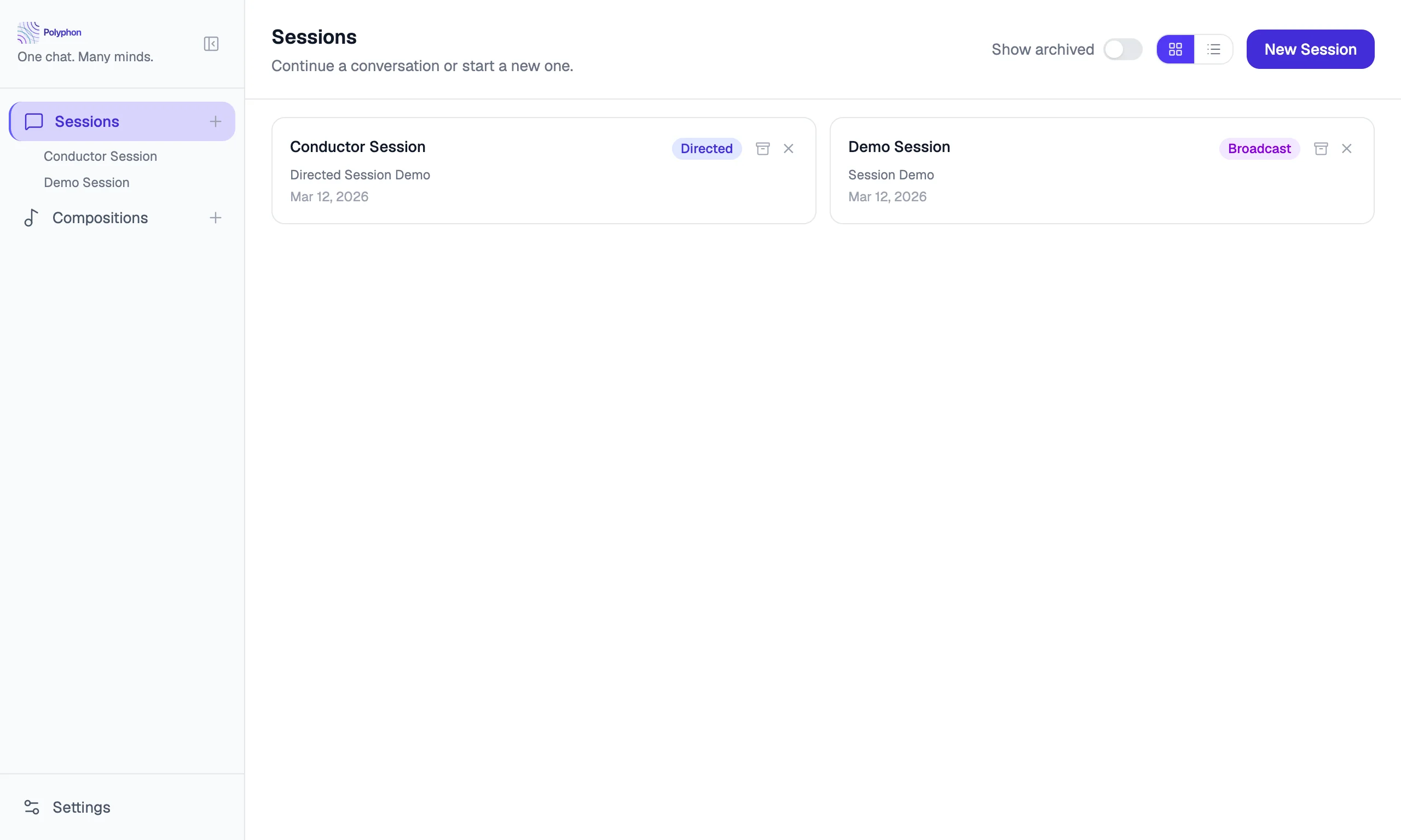 Session card showing archive and delete action buttons