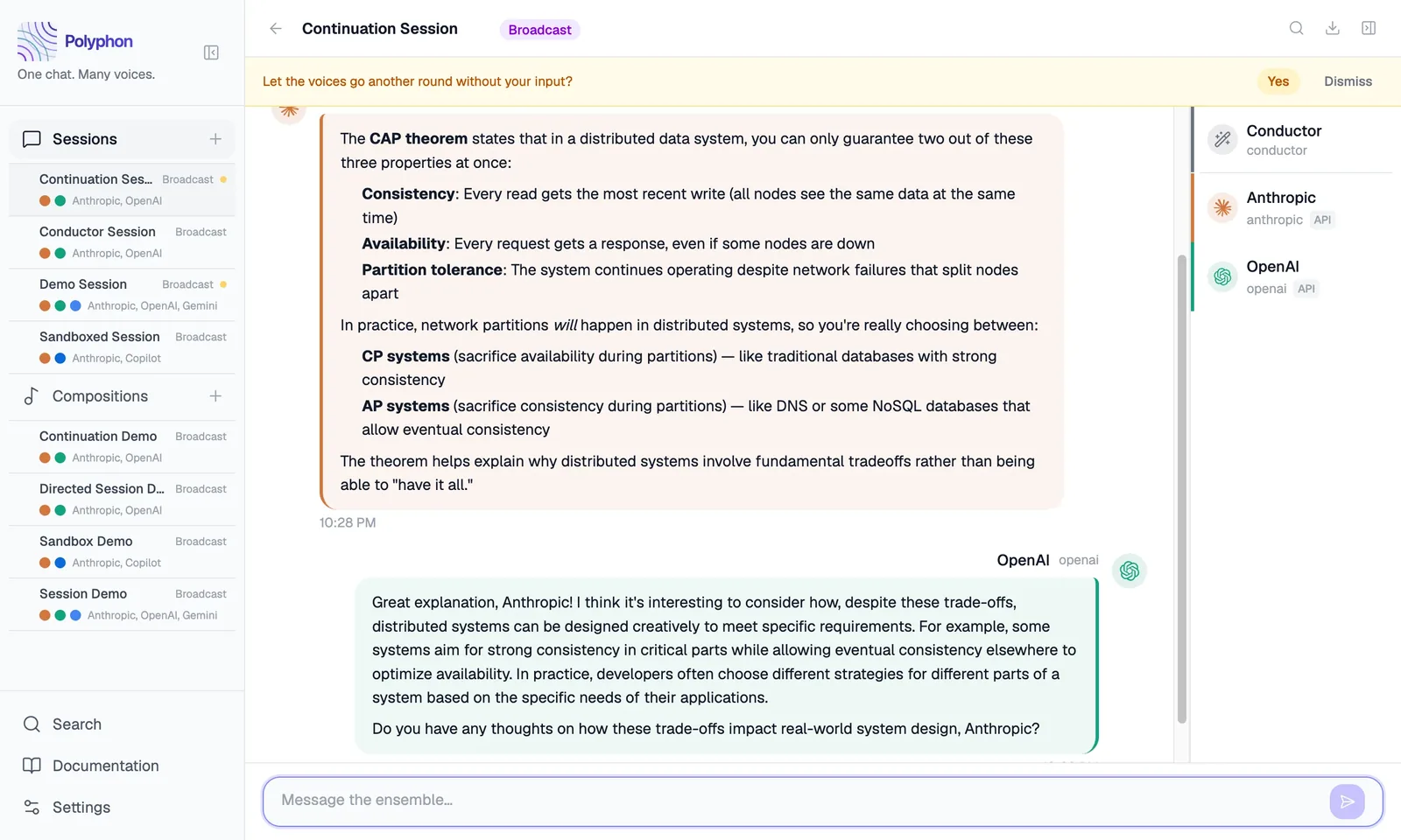 Continuation nudge banner in session feed with Yes and Dismiss buttons