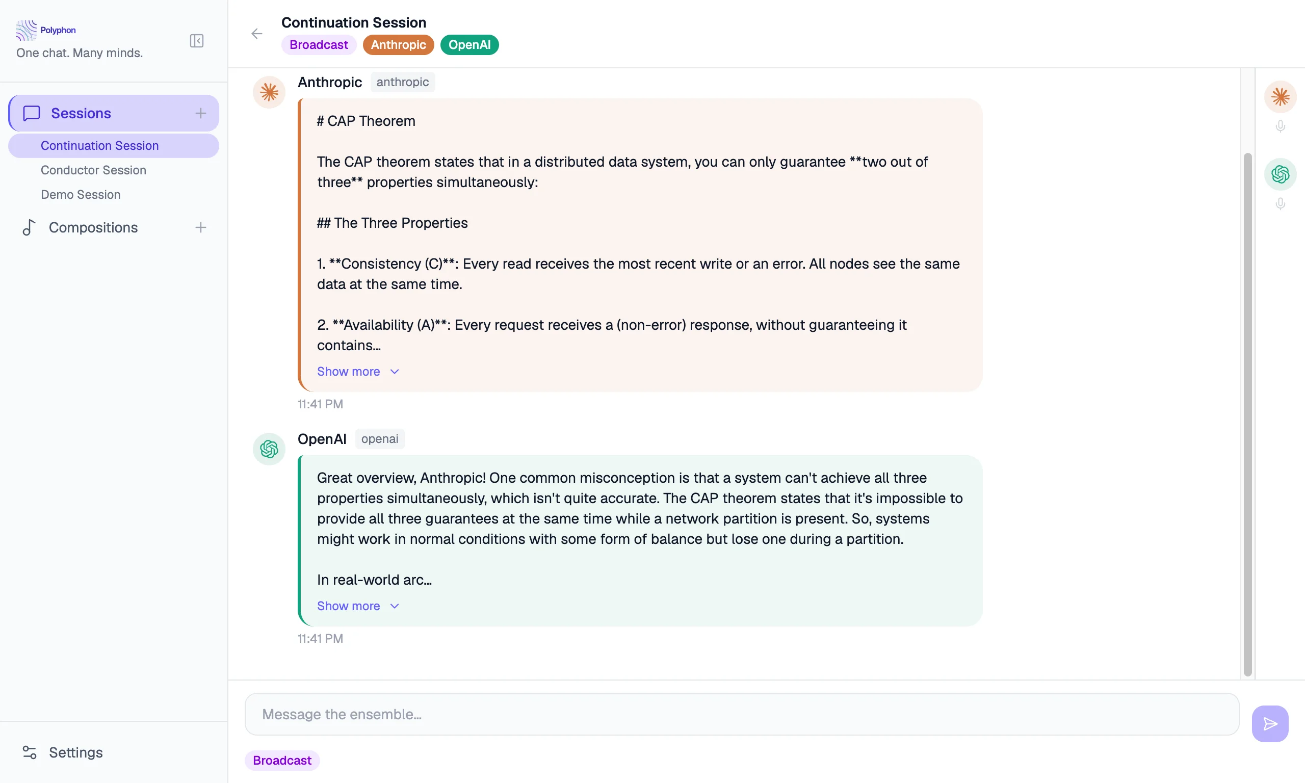 Session with continuation round in progress showing Round 2 divider and streaming voices