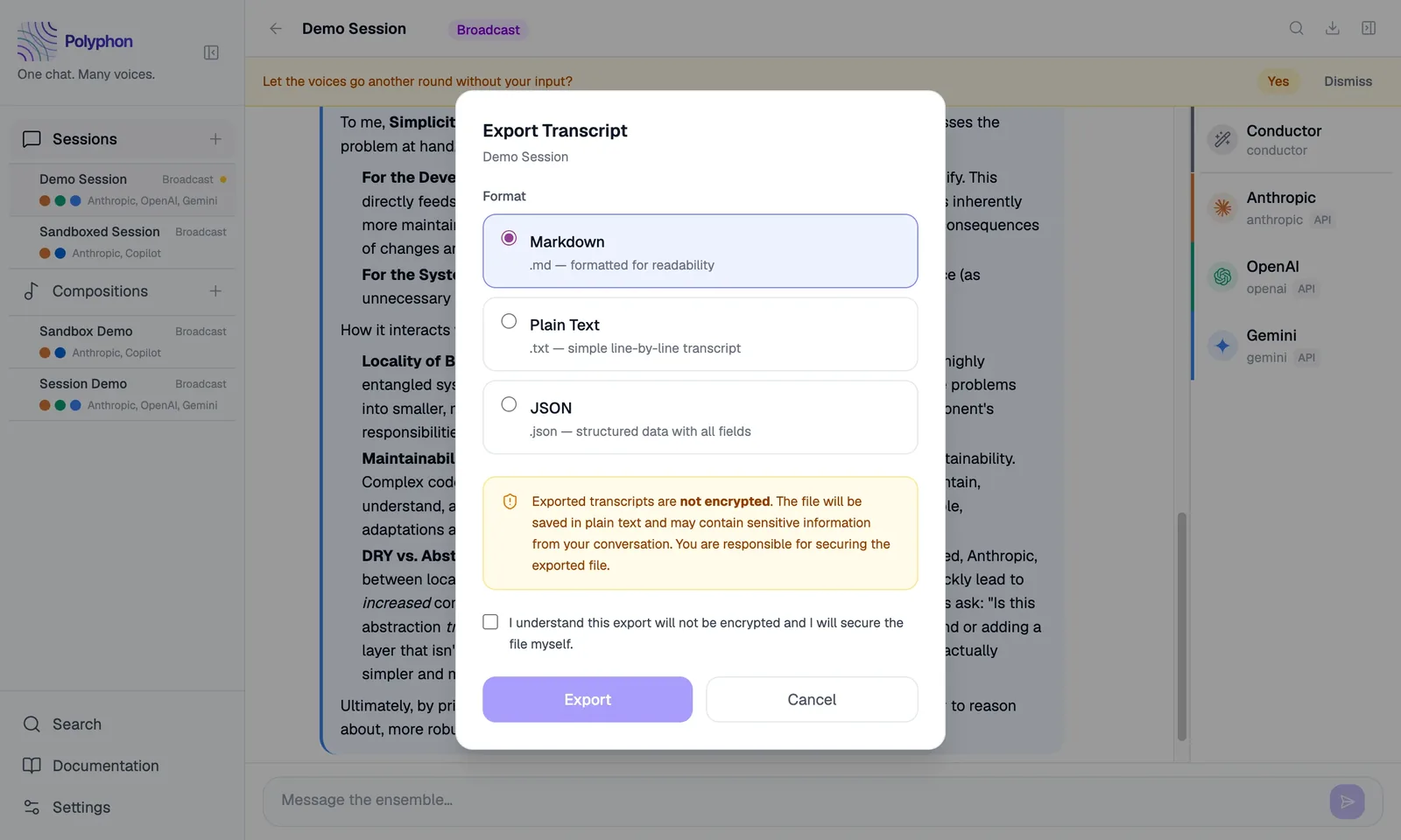 Transcript export modal showing Markdown, JSON, and Plain text format options with unencrypted note