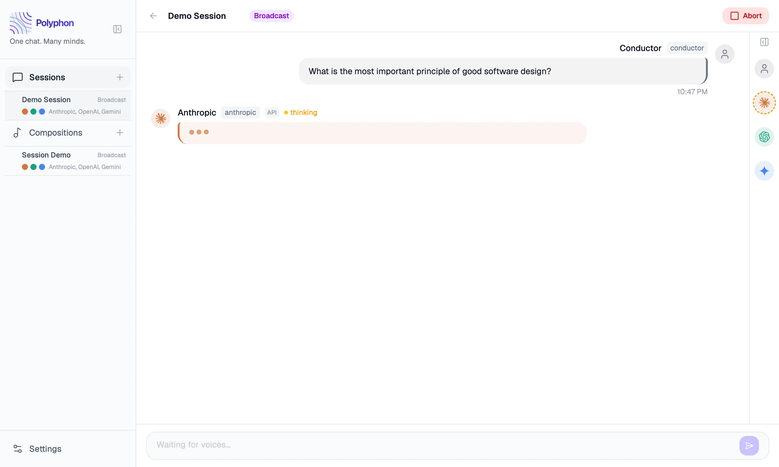 Three voices responding simultaneously in a Polyphon session