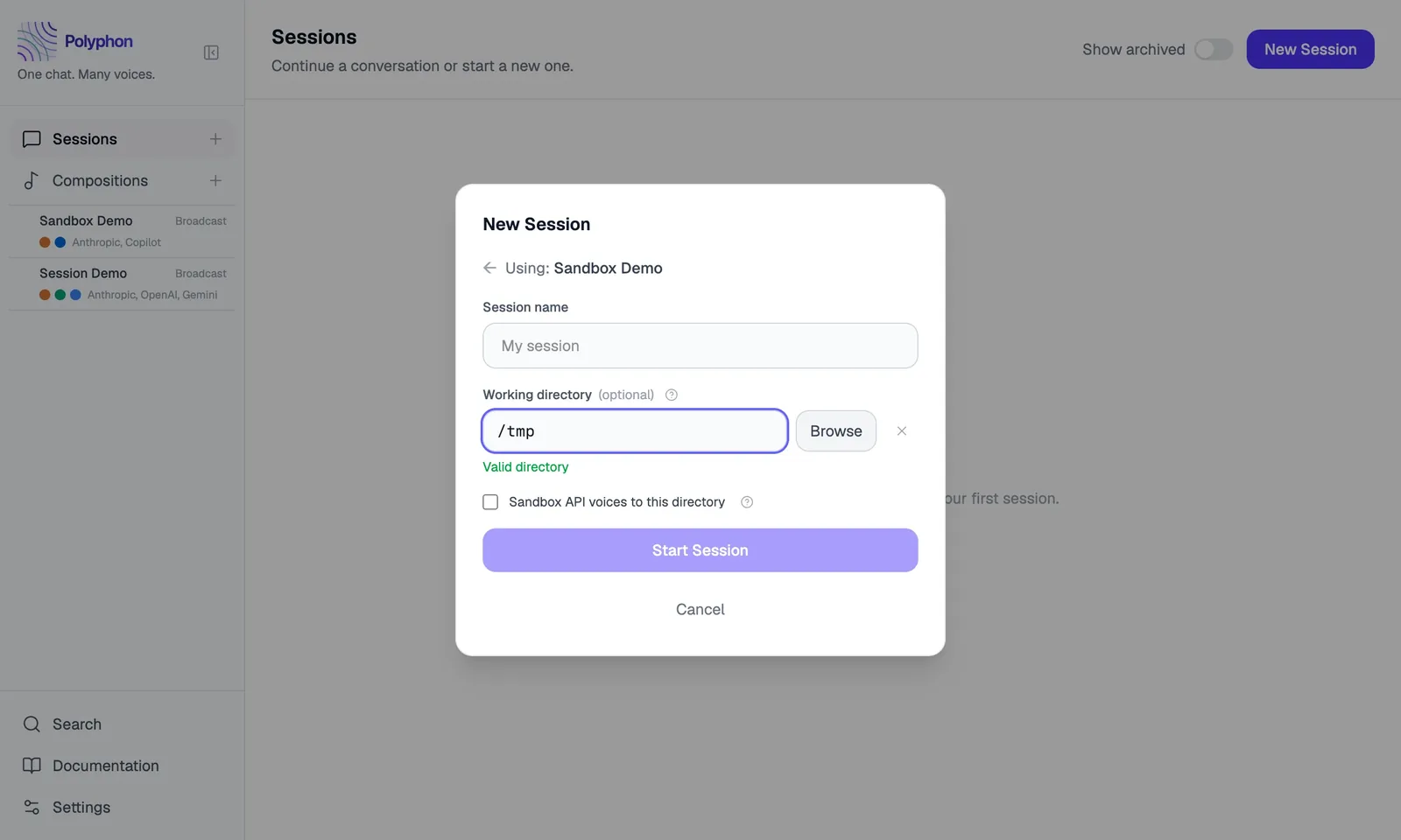 New session panel with working directory path entered and Sandbox API voices checkbox visible