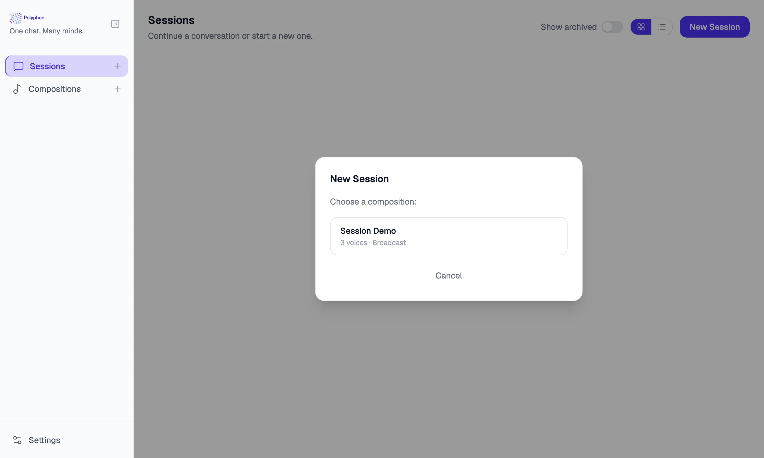 New session panel with composition picker
