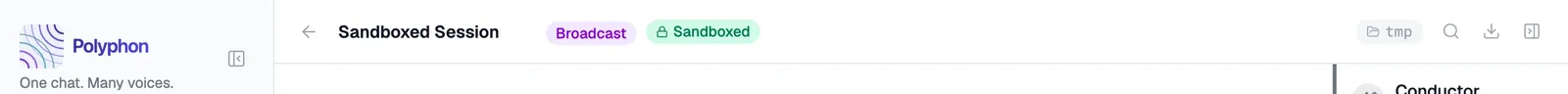 Session header showing green Sandboxed badge, working directory path, and Broadcast mode badge