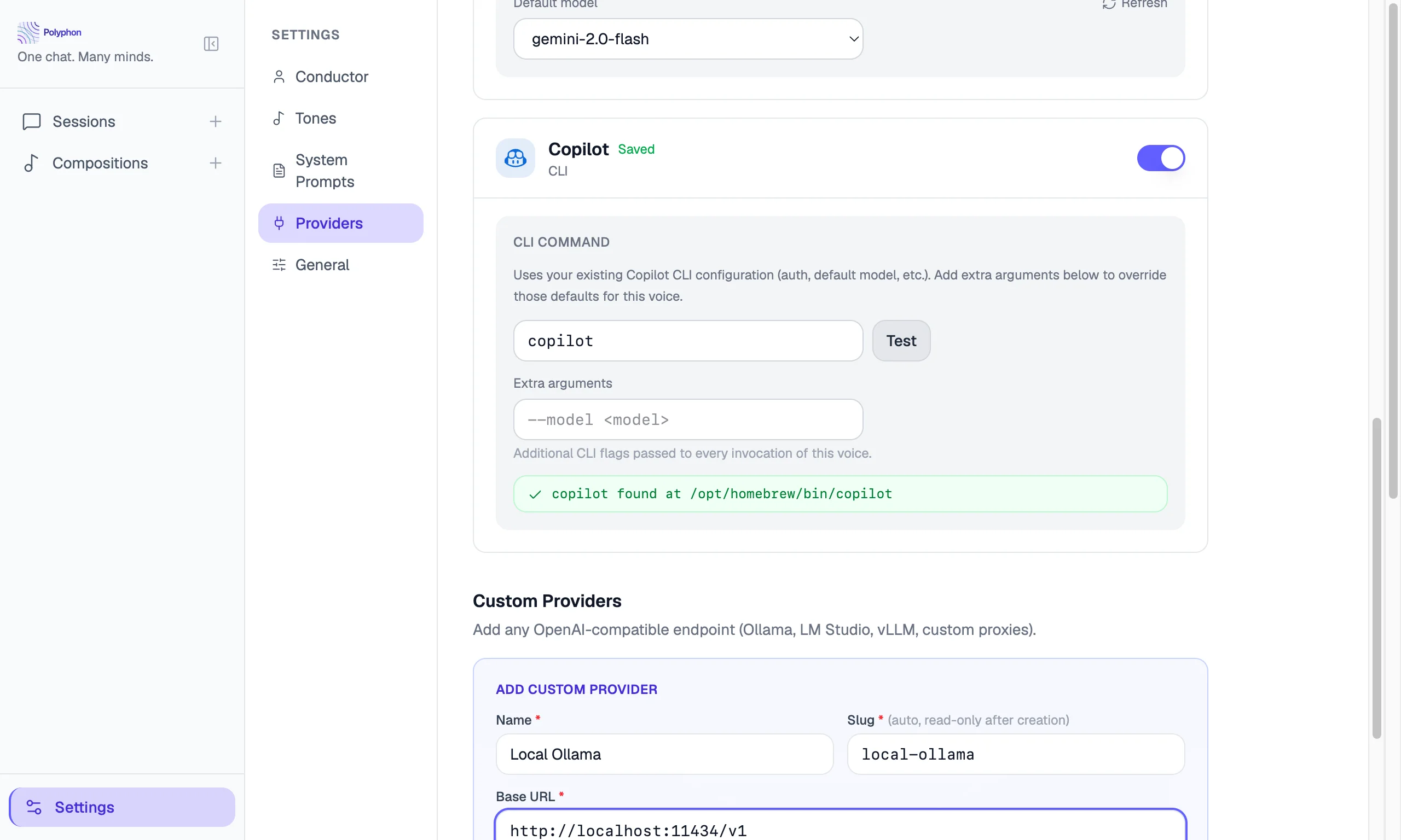 Add Custom Provider form filled with Local Ollama details and base URL