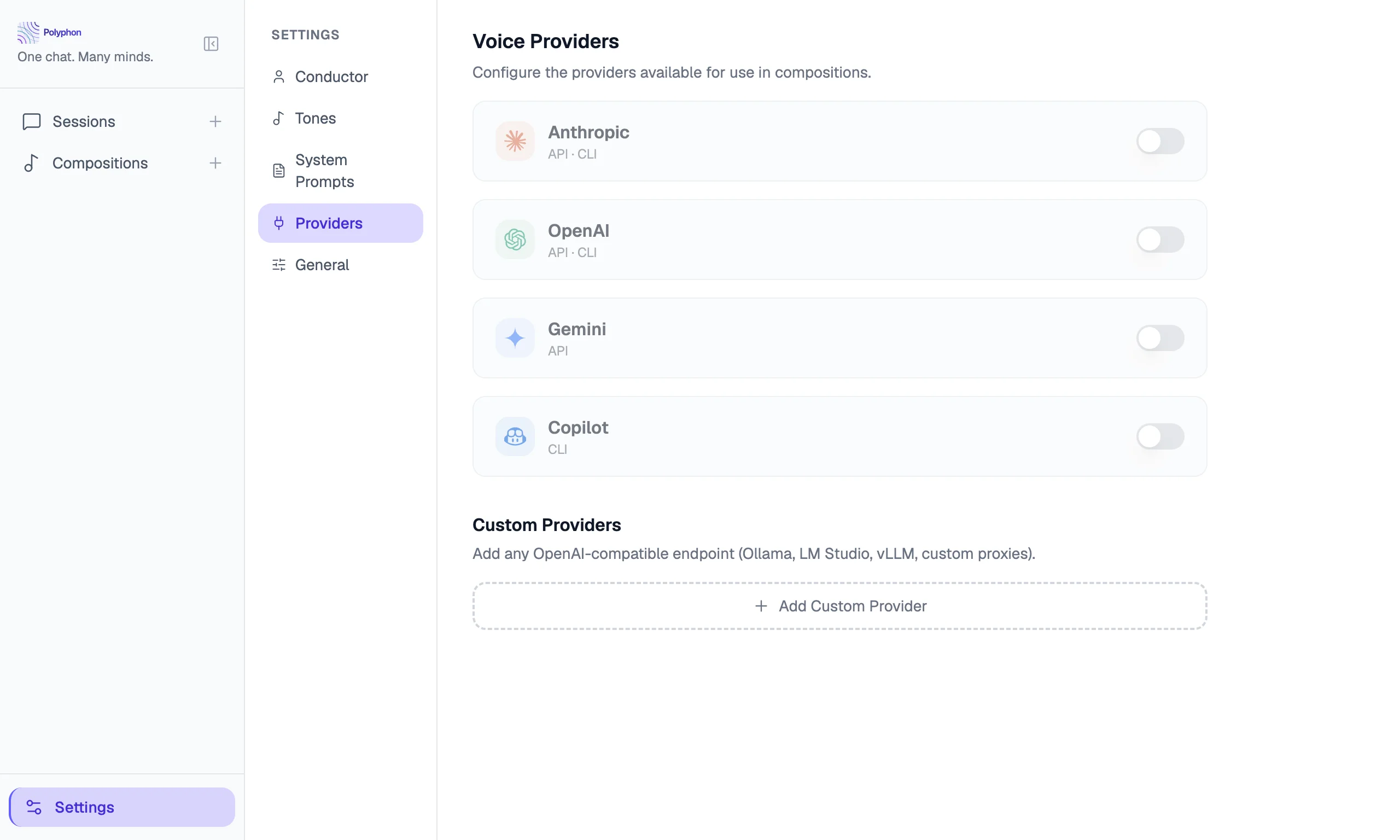 Provider settings page showing multiple provider cards in different states