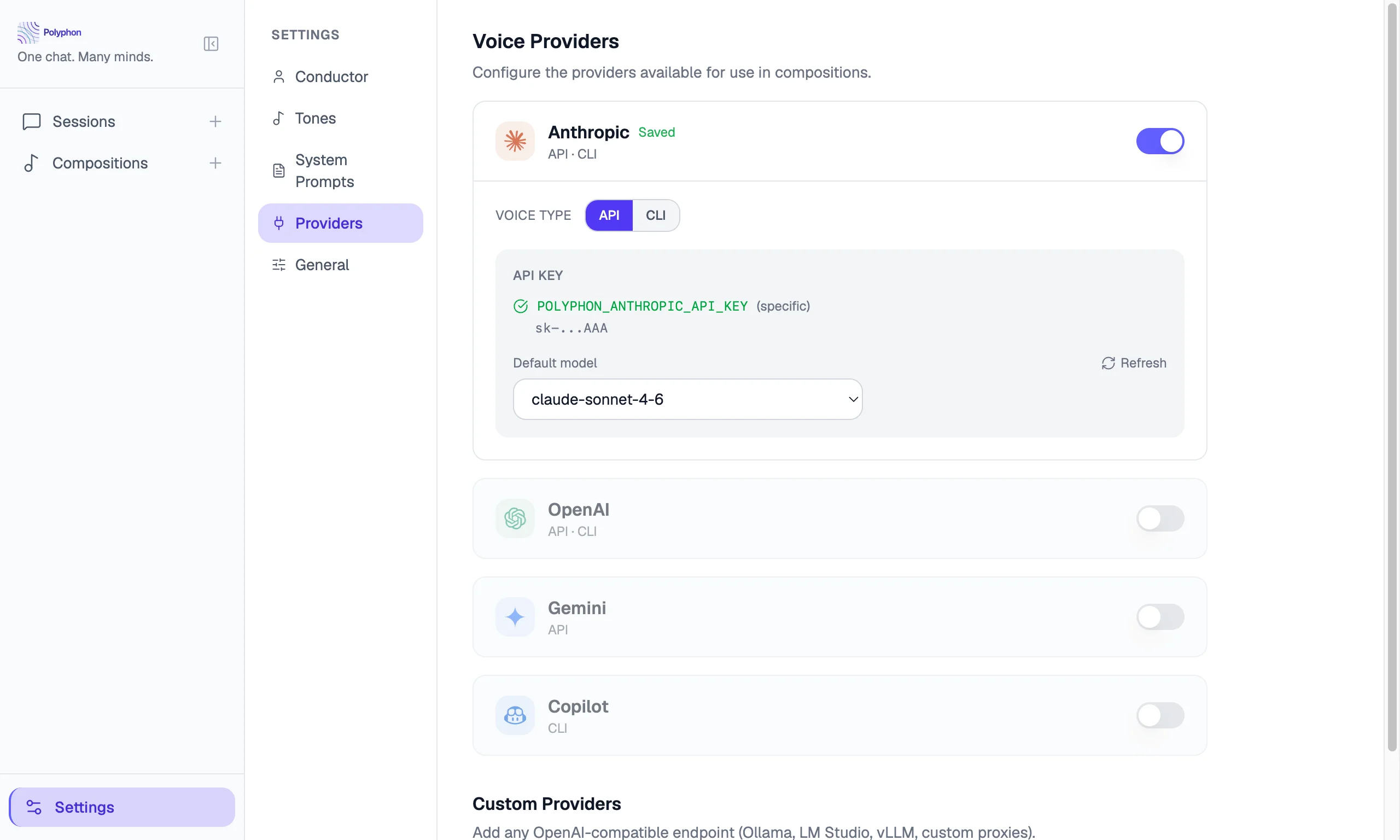 Anthropic provider card expanded showing API key status and voice type selector