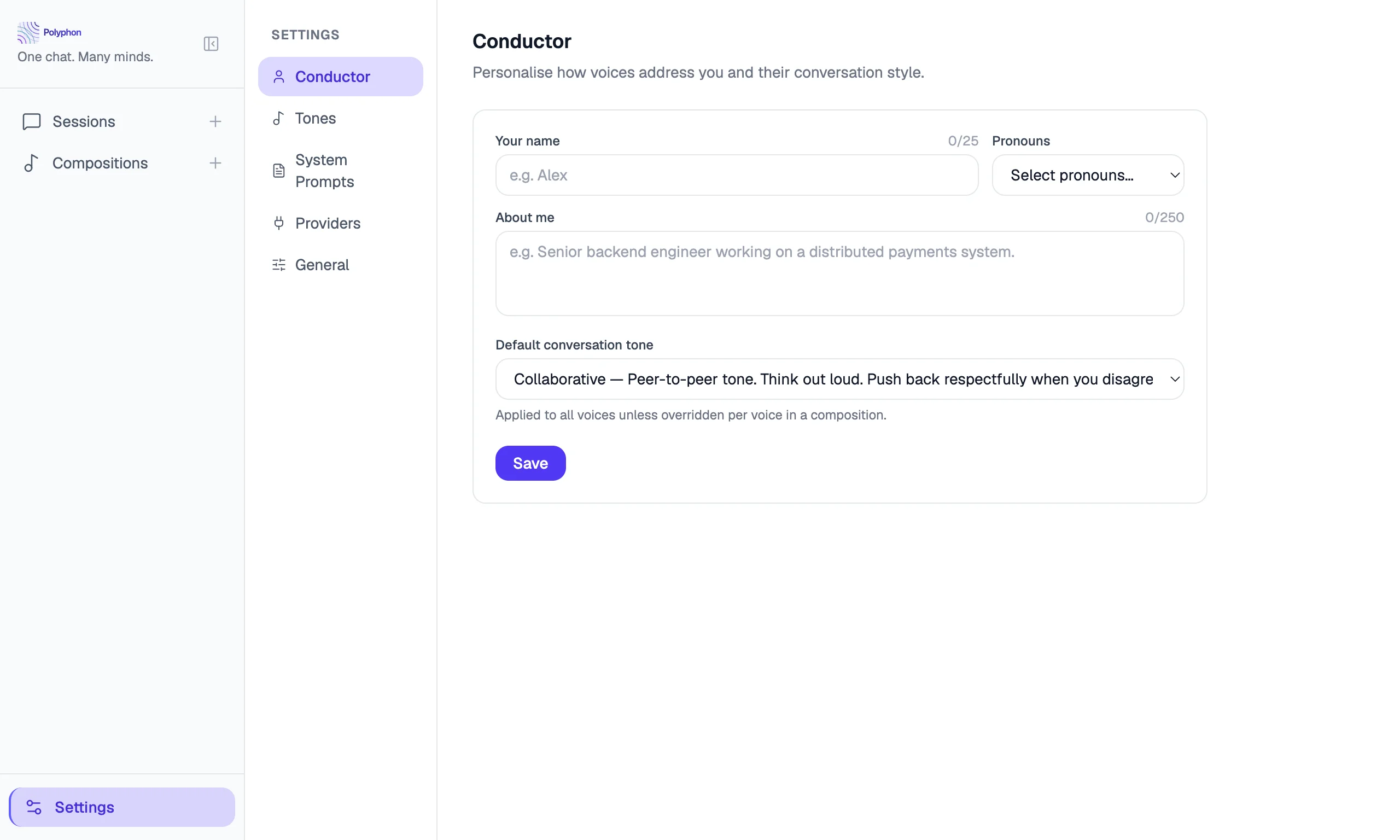 Full Settings page with section navigation showing all settings areas