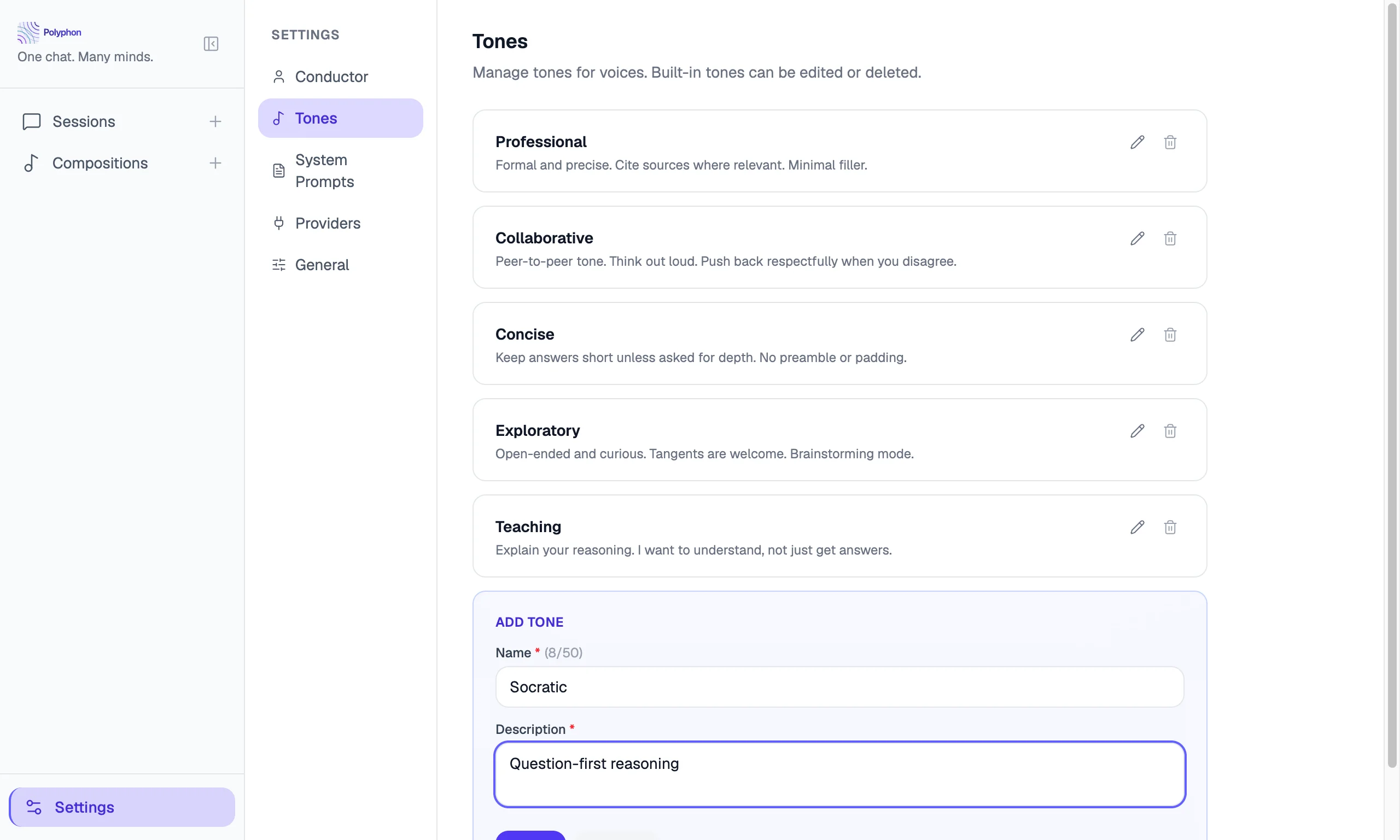 Custom tone creation form with Socratic name and question-first reasoning description