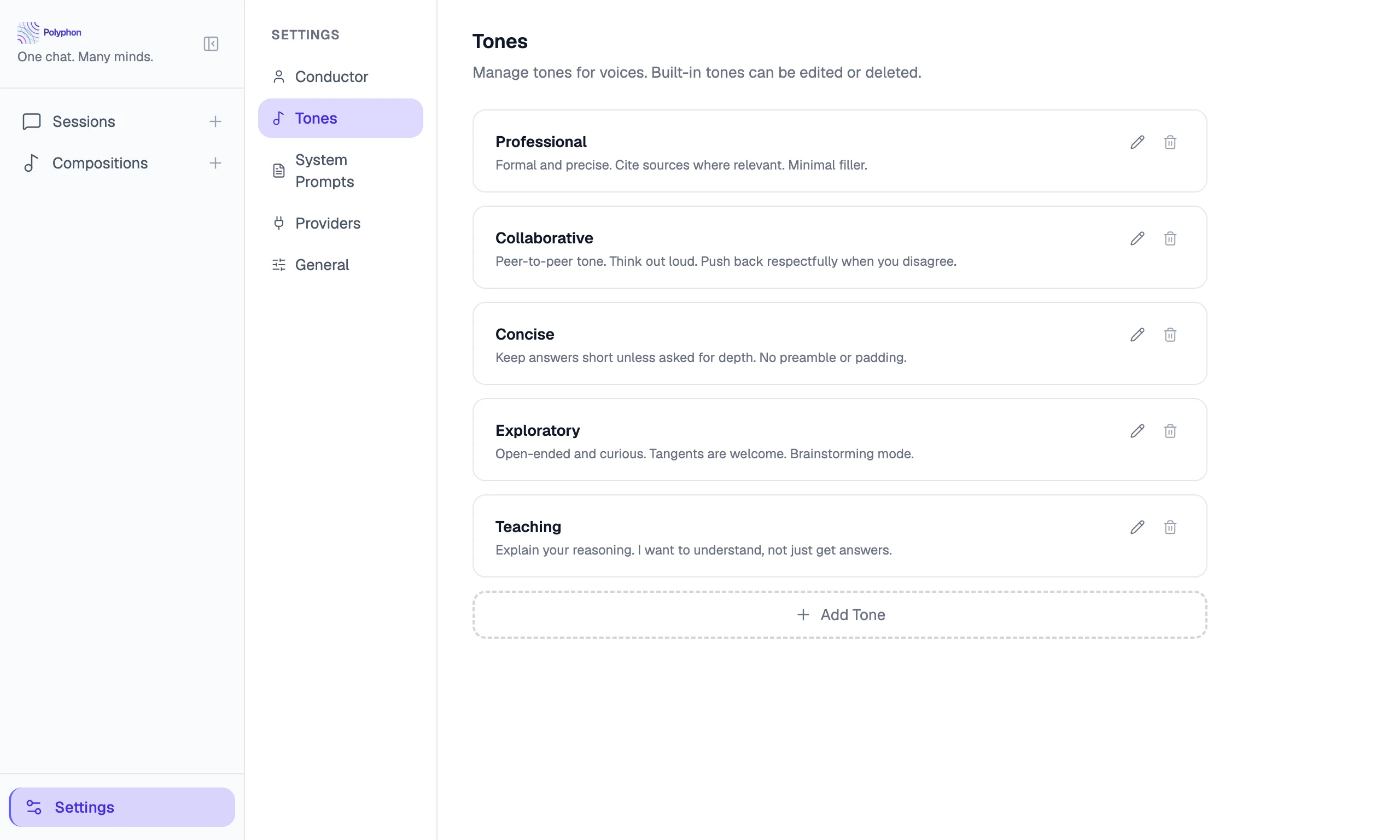 Tones settings tab showing five built-in tone cards with names and descriptions