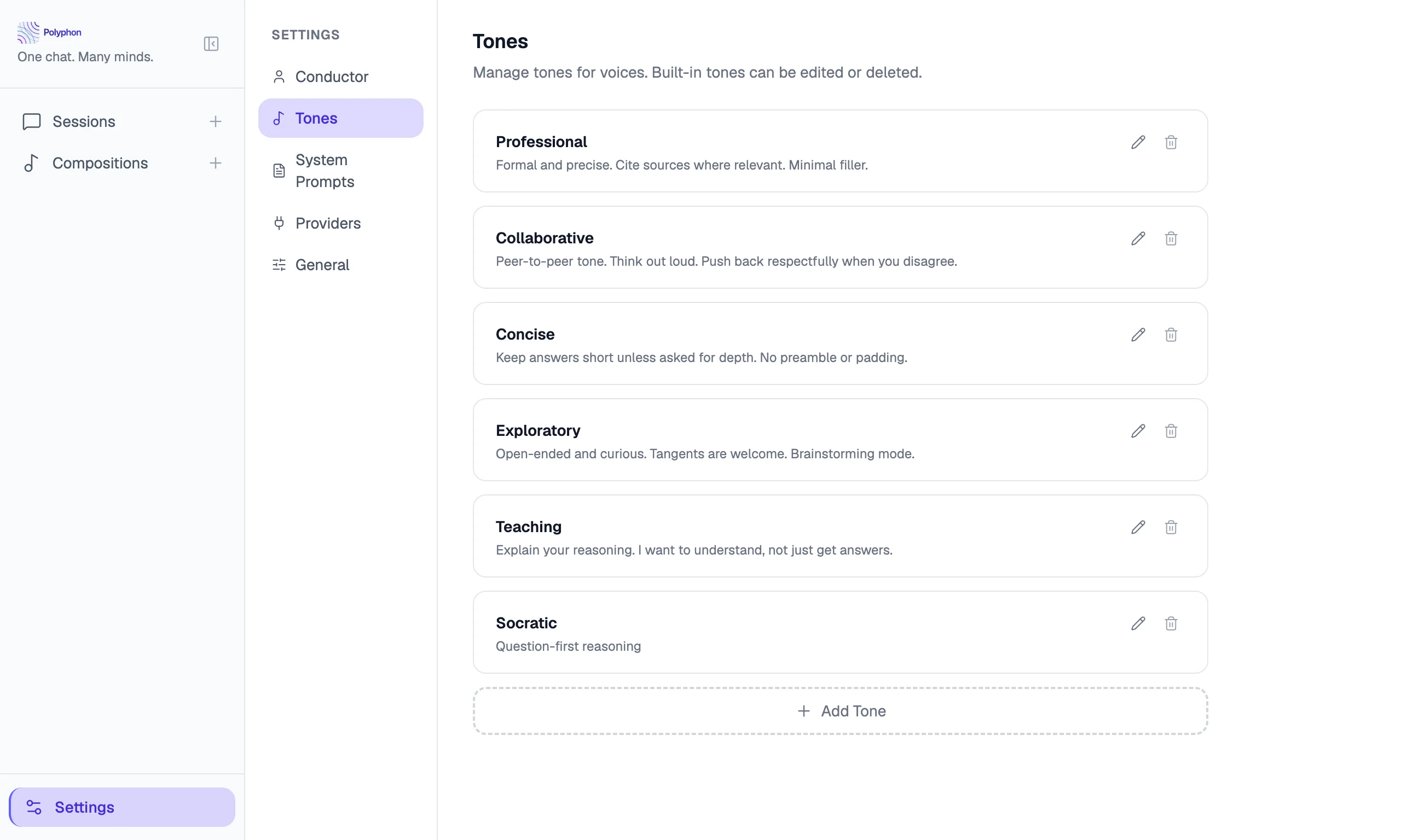 Tones tab showing built-in tones plus custom Socratic tone with Edit and Delete buttons